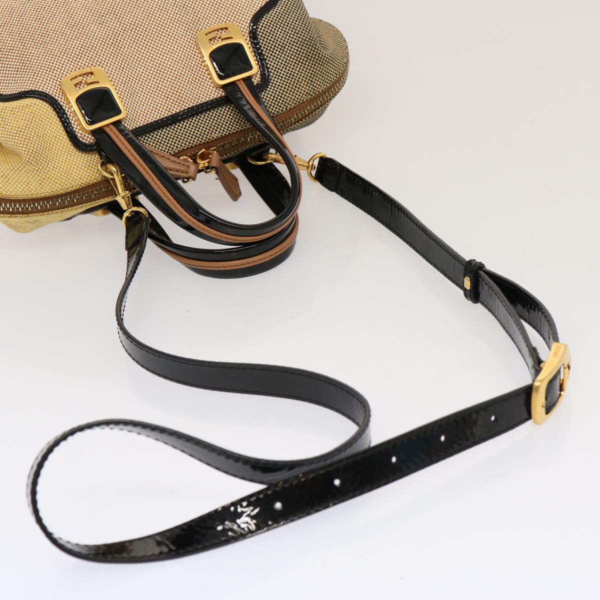 FENDI Hand Bag Canvas 2way Beige Auth 70343