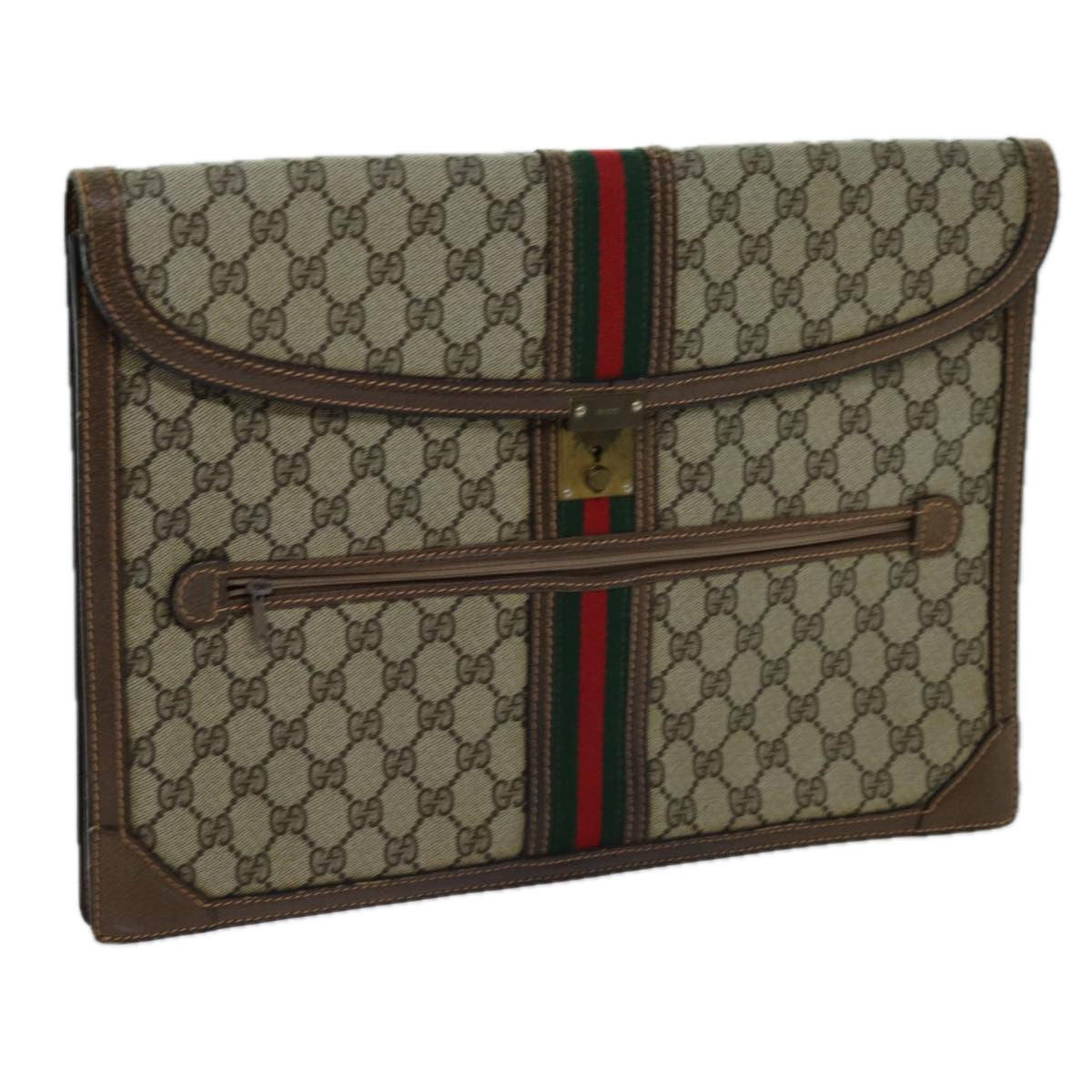 GUCCI GG Supreme Web Sherry Line Clutch Bag PVC Beige Red Green Auth 70352