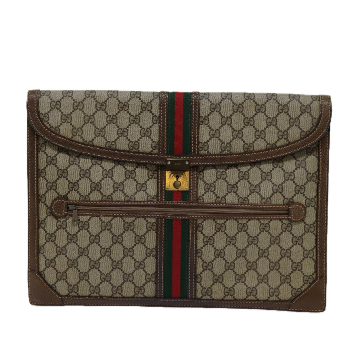 GUCCI GG Supreme Web Sherry Line Clutch Bag PVC Beige Red Green Auth 70352