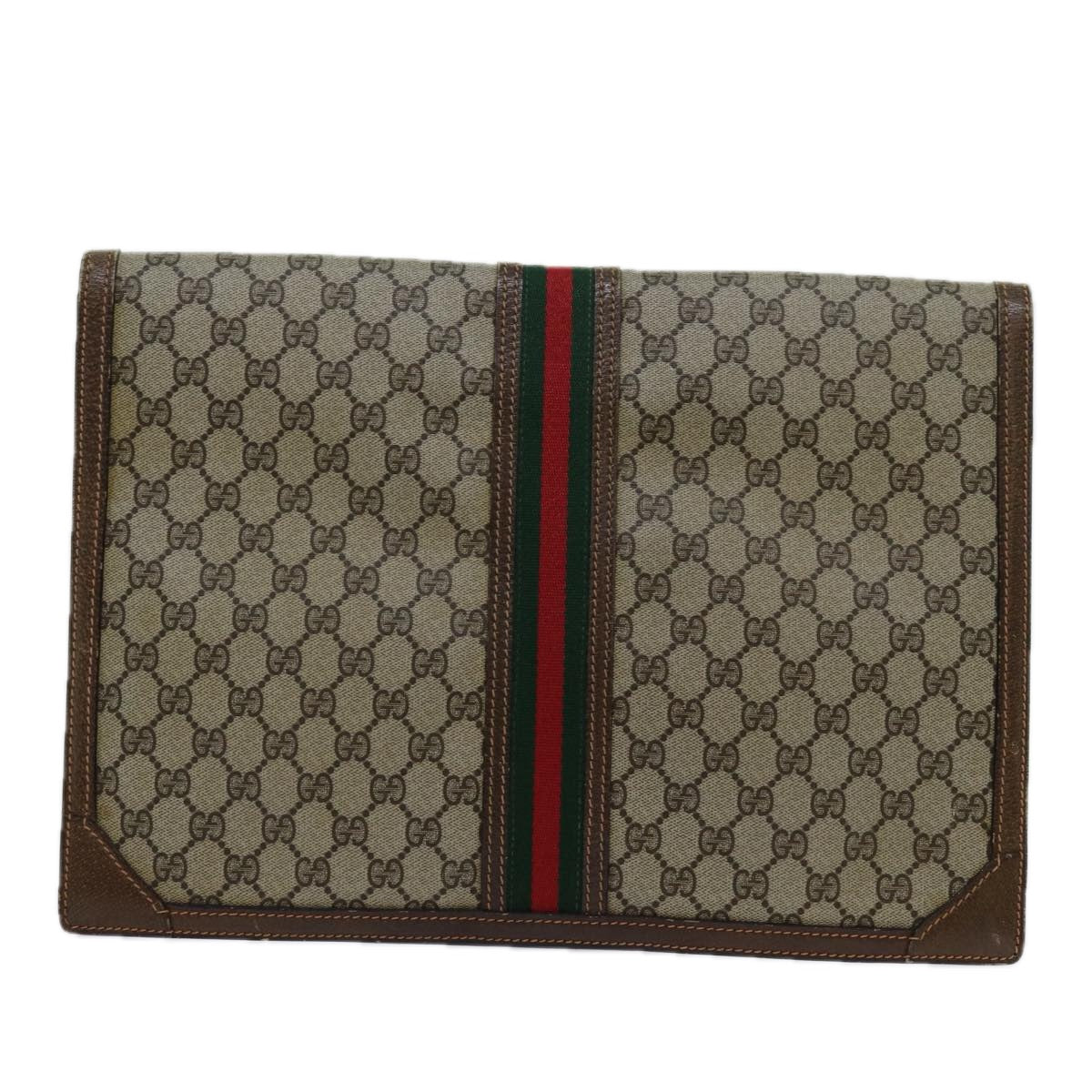 GUCCI GG Supreme Web Sherry Line Clutch Bag PVC Beige Red Green Auth 70352