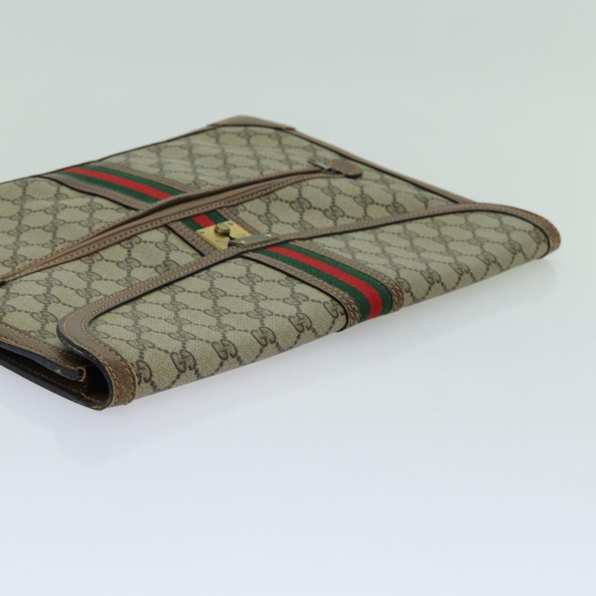 GUCCI GG Supreme Web Sherry Line Clutch Bag PVC Beige Red Green Auth 70352