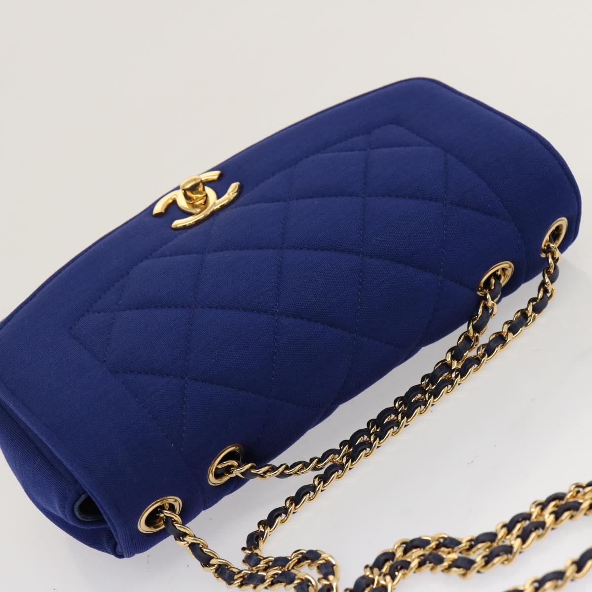 CHANEL Diana Matelasse Chain Shoulder Bag Canvas Blue Gold CC Auth 70391SAM