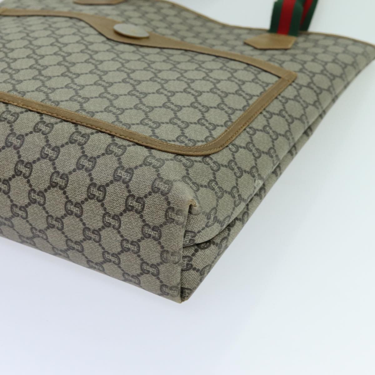 GUCCI GG Plus Supreme Web Sherry Line Tote Bag PVC Beige Red Green Auth 70395