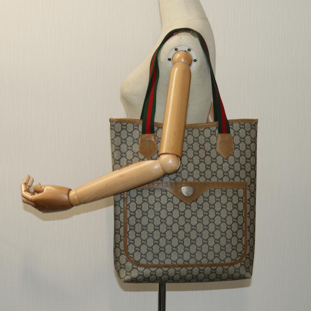 GUCCI GG Plus Supreme Web Sherry Line Tote Bag PVC Beige Red Green Auth 70395