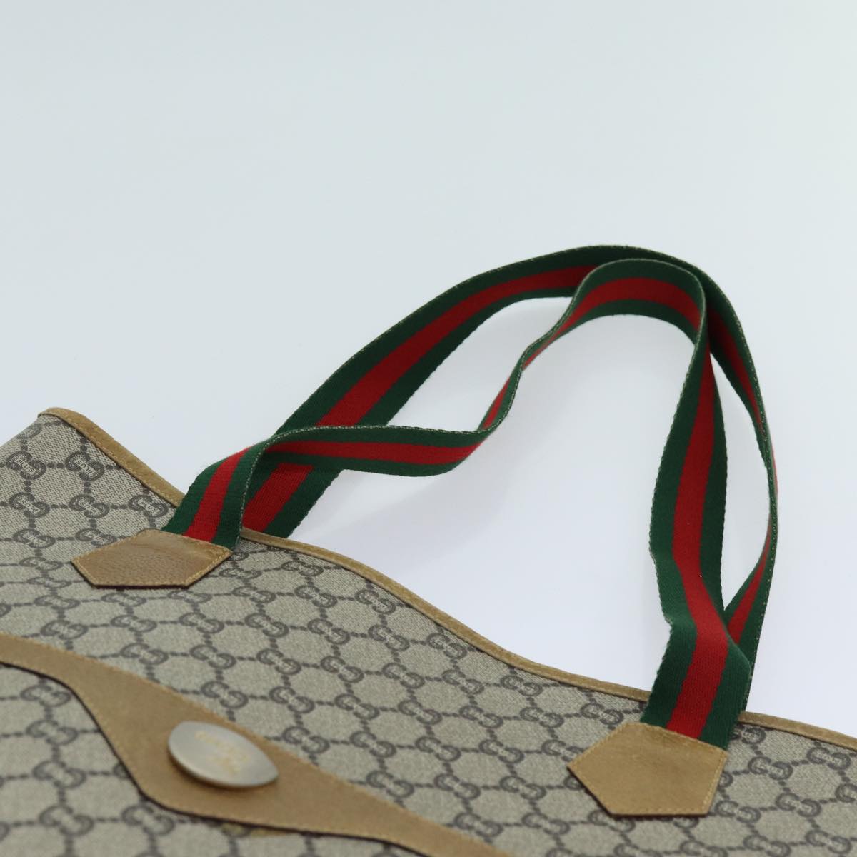 GUCCI GG Plus Supreme Web Sherry Line Tote Bag PVC Beige Red Green Auth 70395