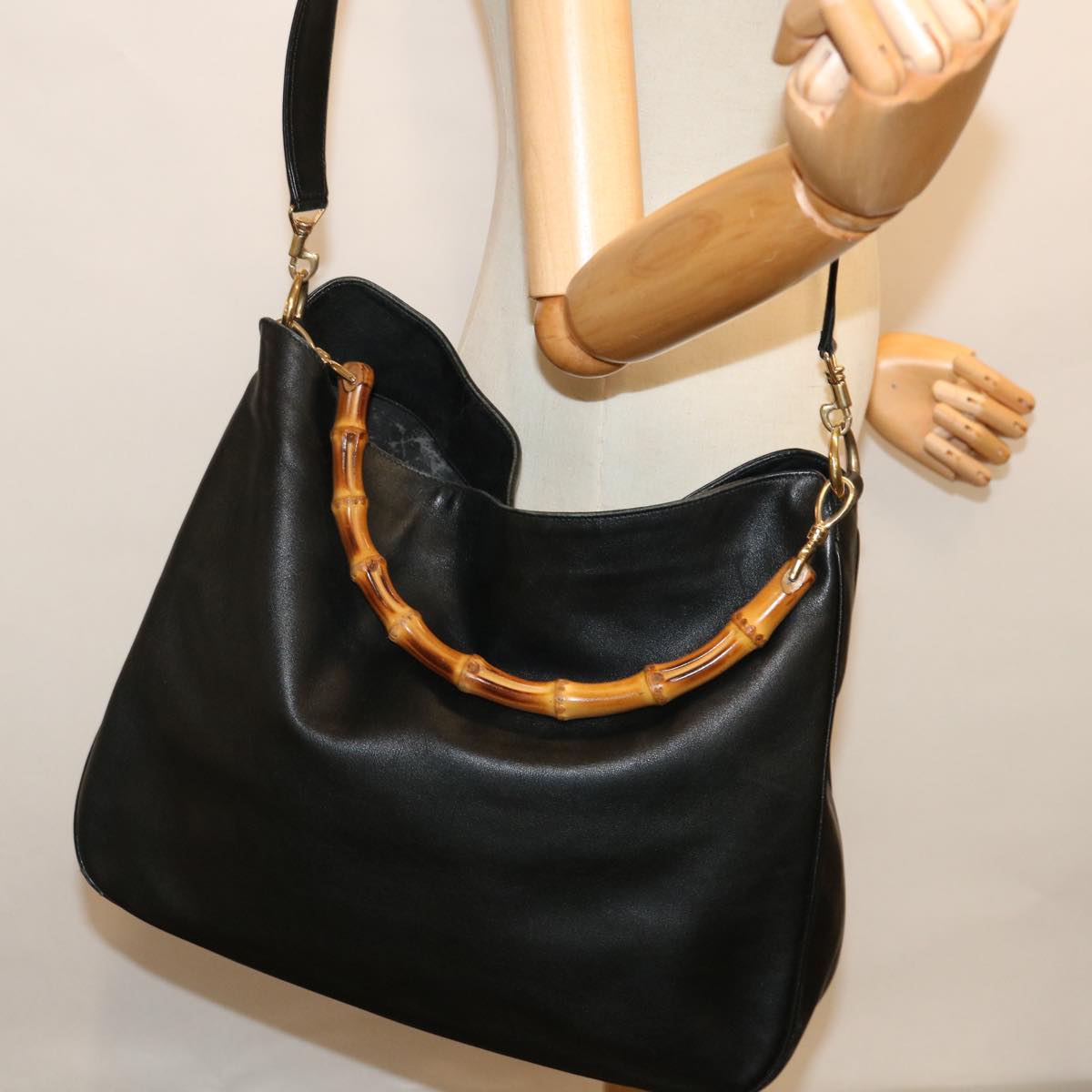 GUCCI Bamboo Shoulder Bag Leather 2way Black 001 1781 1577 Auth 70404