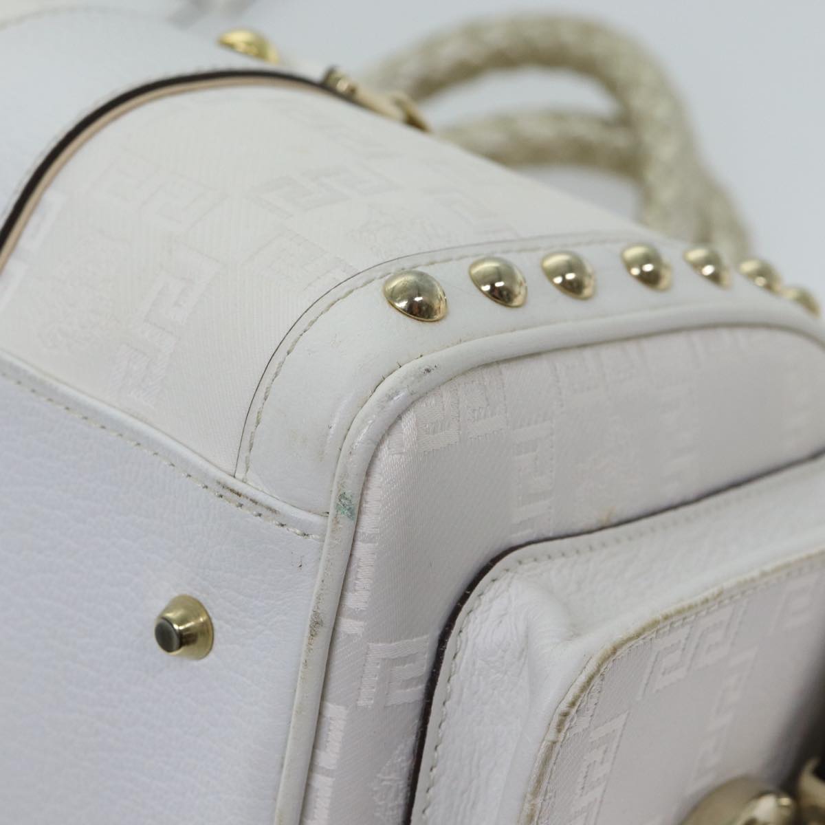 VERSACE Boston Bag Leather White Auth 70452A