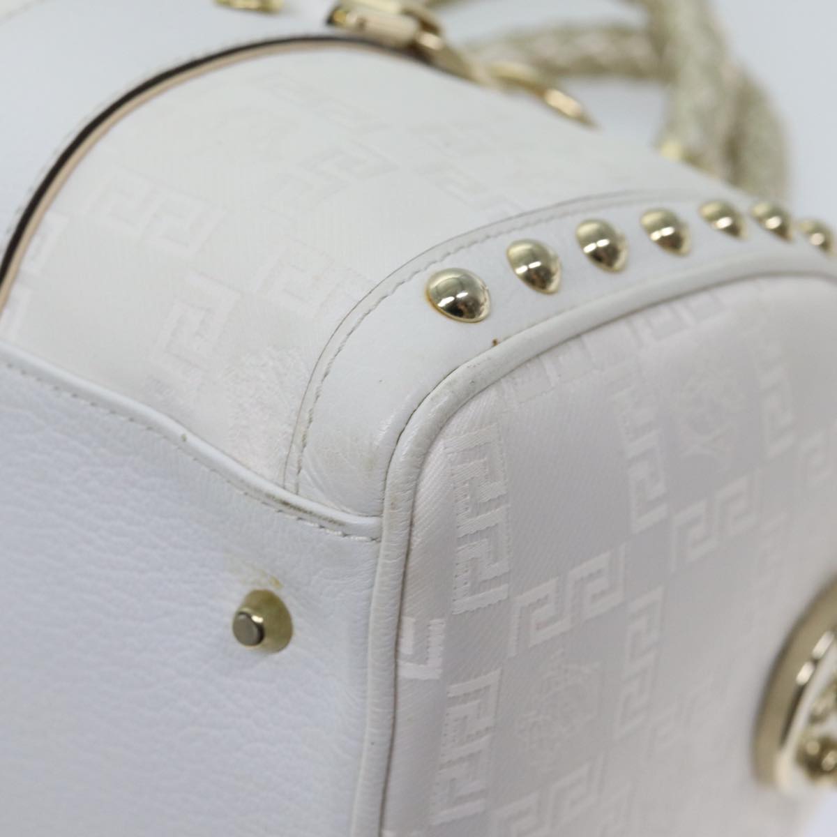 VERSACE Boston Bag Leather White Auth 70452A