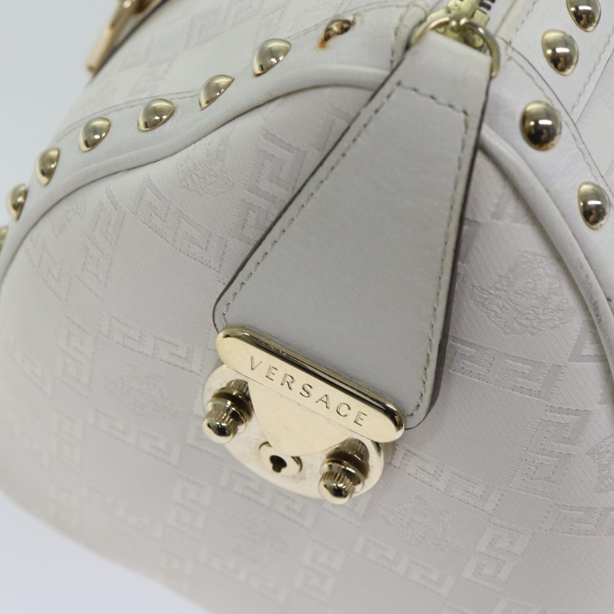 VERSACE Boston Bag Leather White Auth 70452A