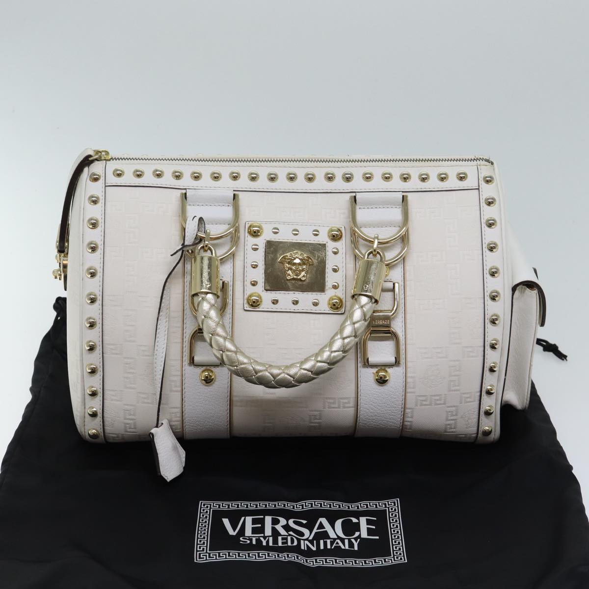 VERSACE Boston Bag Leather White Auth 70452A