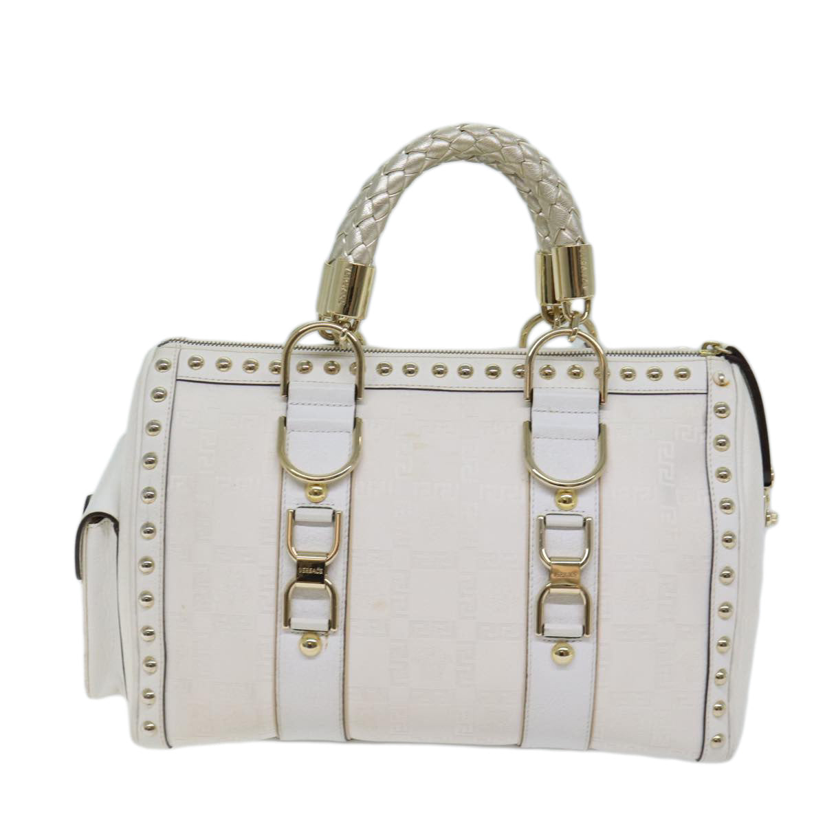 VERSACE Boston Bag Leather White Auth 70452A