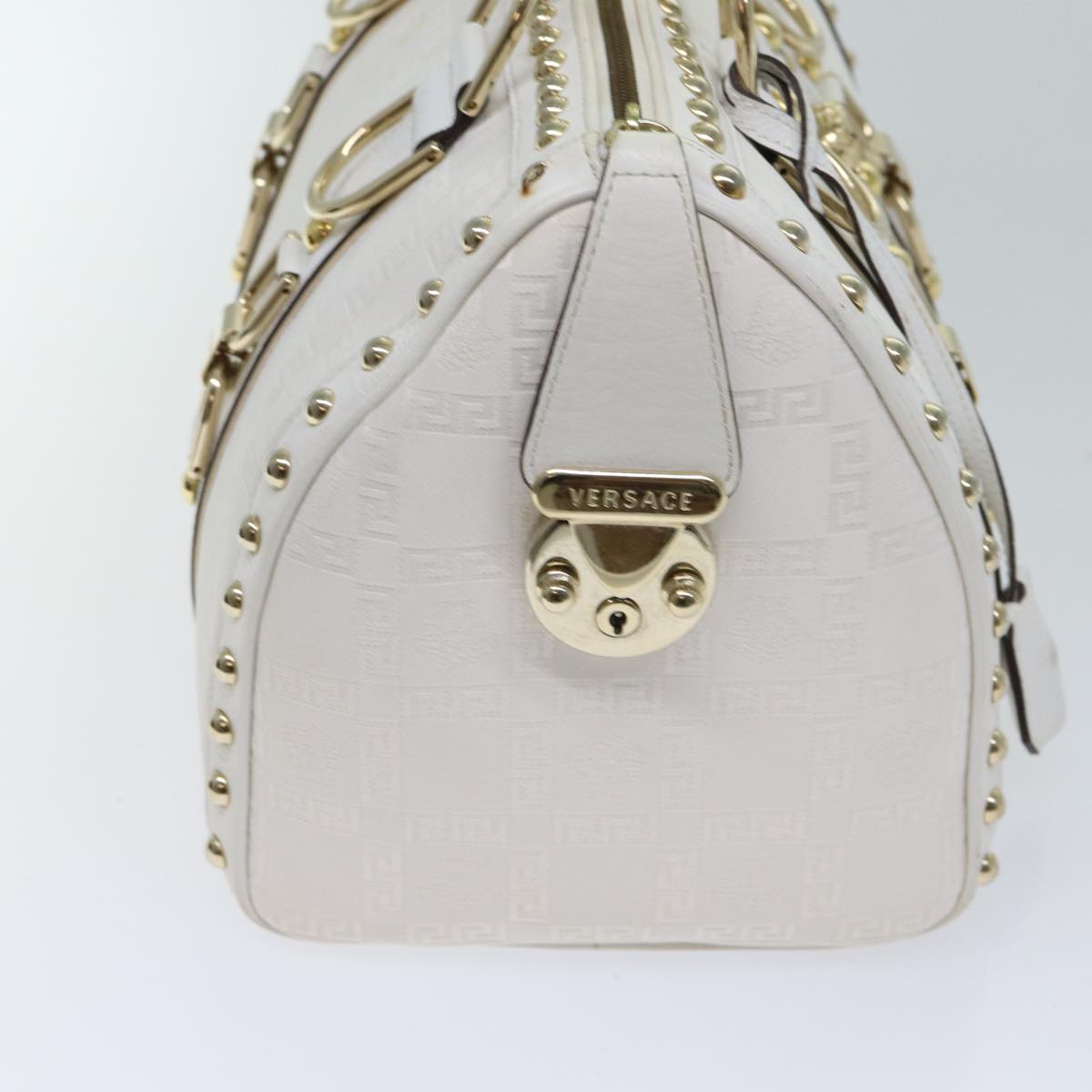 VERSACE Boston Bag Leather White Auth 70452A