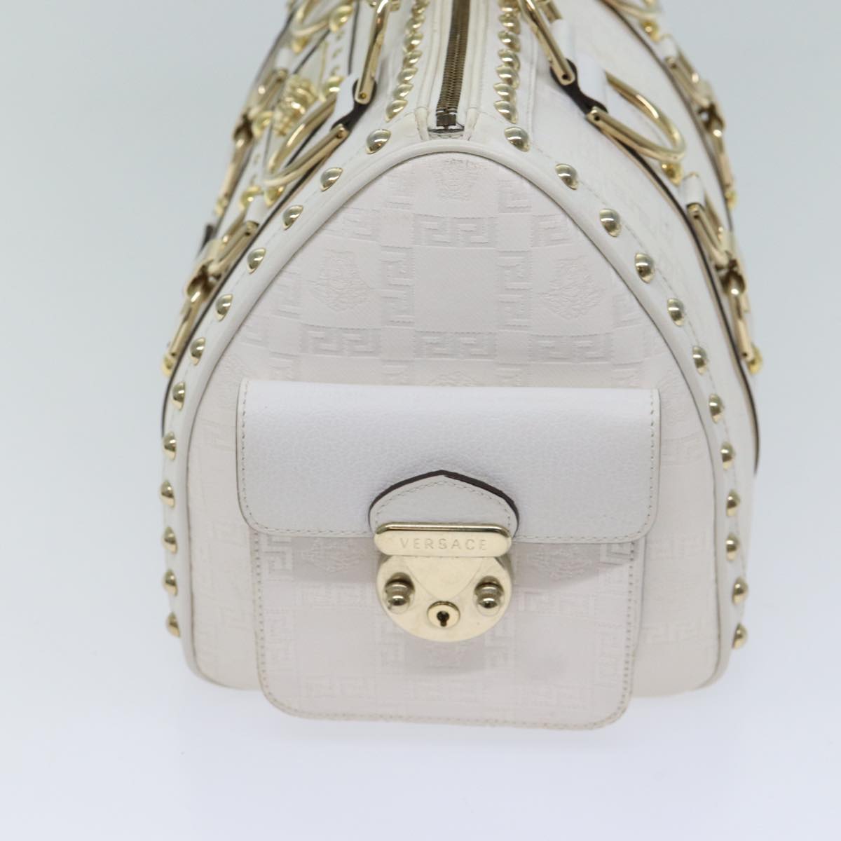 VERSACE Boston Bag Leather White Auth 70452A