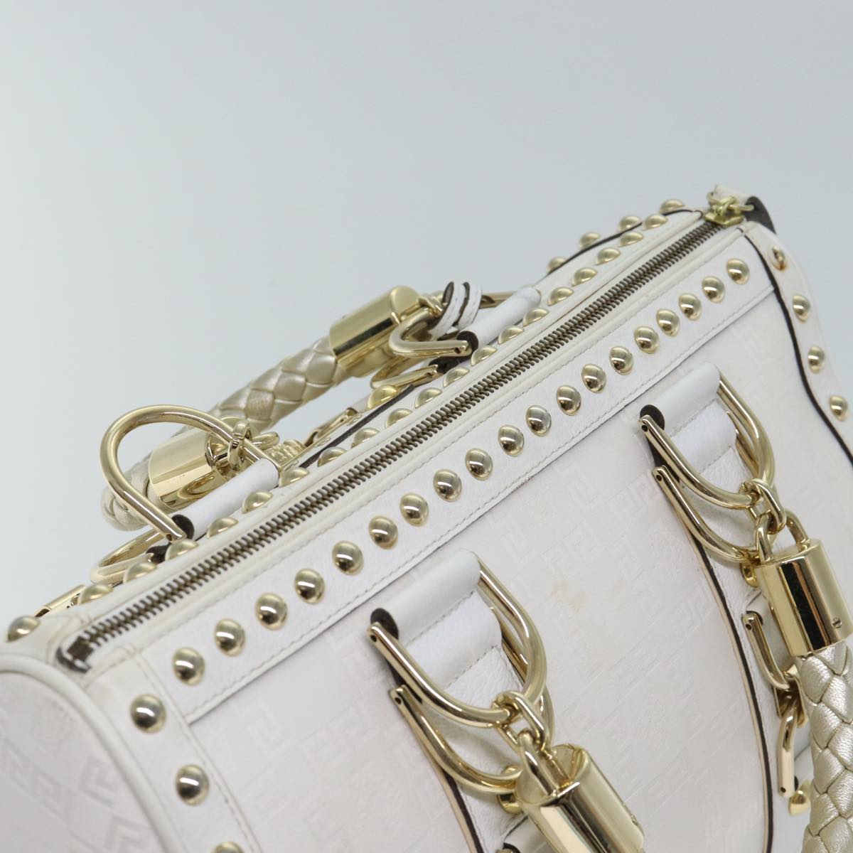 VERSACE Boston Bag Leather White Auth 70452A