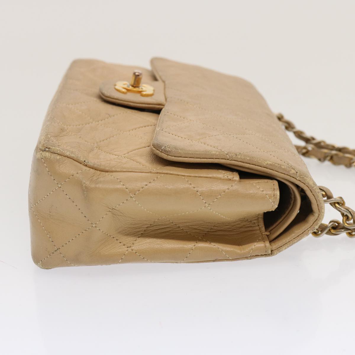 CHANEL Matelasse Chain Shoulder Bag Lamb Skin Beige CC Auth 70454A
