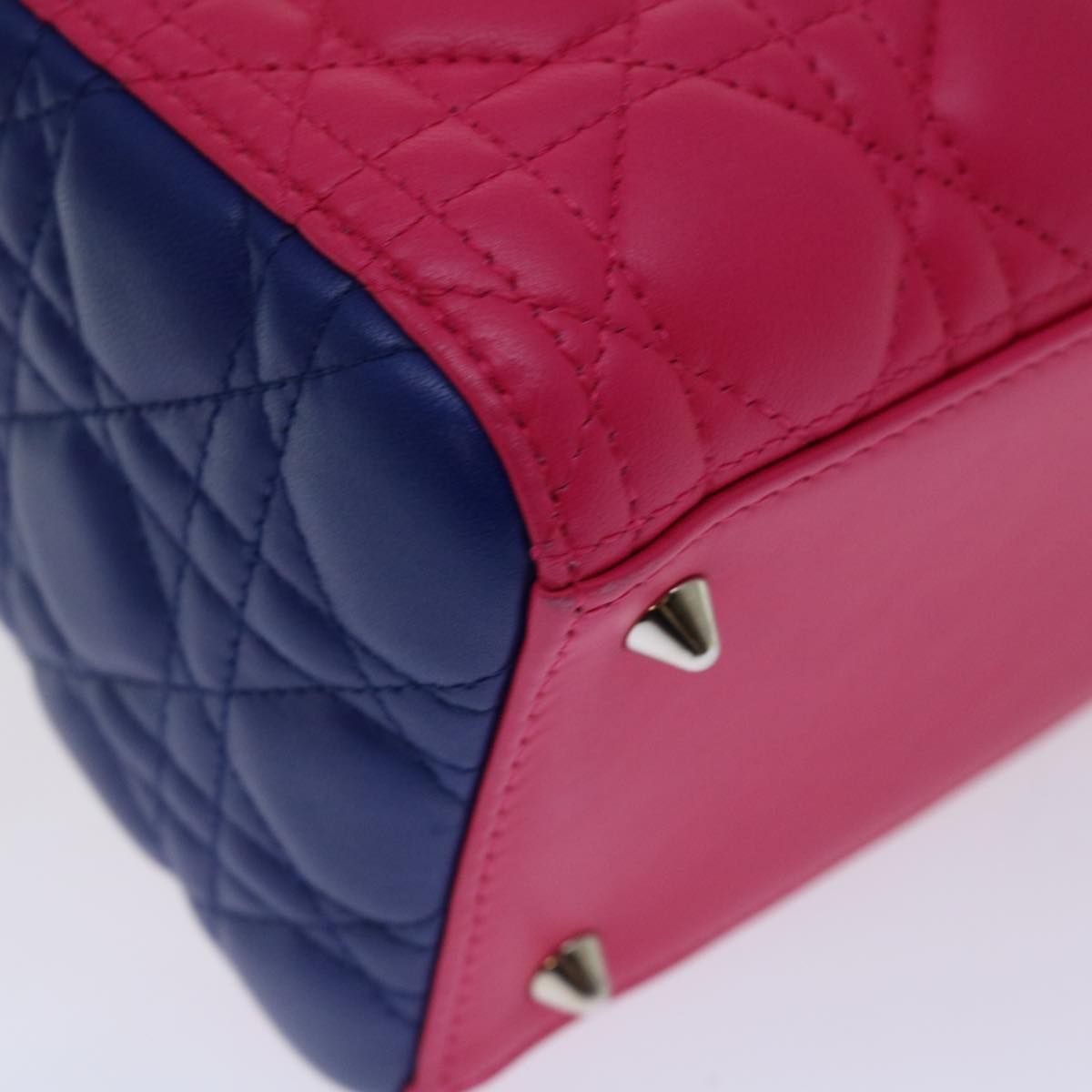Christian Dior Lady Dior Canage Hand Bag Lamb Skin Blue Pink Auth 70762SV
