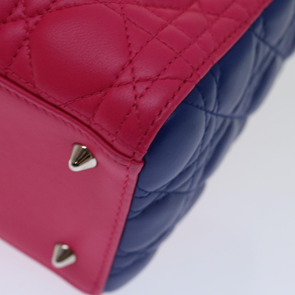 Christian Dior Lady Dior Canage Hand Bag Lamb Skin Blue Pink Auth 70762SV