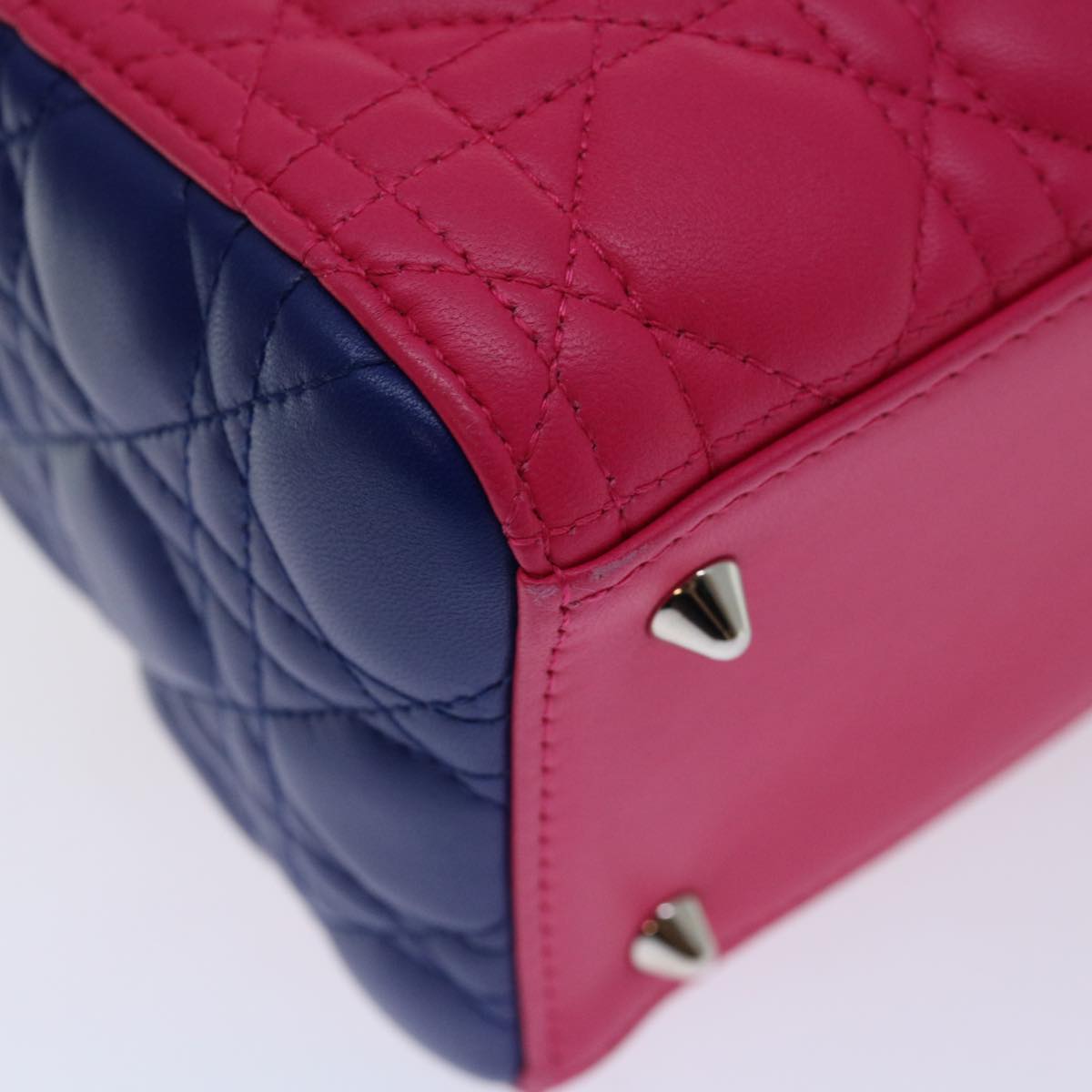 Christian Dior Lady Dior Canage Hand Bag Lamb Skin Blue Pink Auth 70762SV