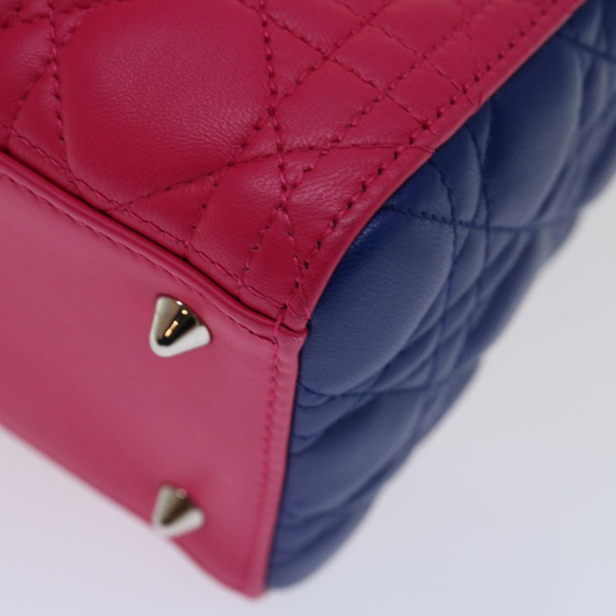 Christian Dior Lady Dior Canage Hand Bag Lamb Skin Blue Pink Auth 70762SV