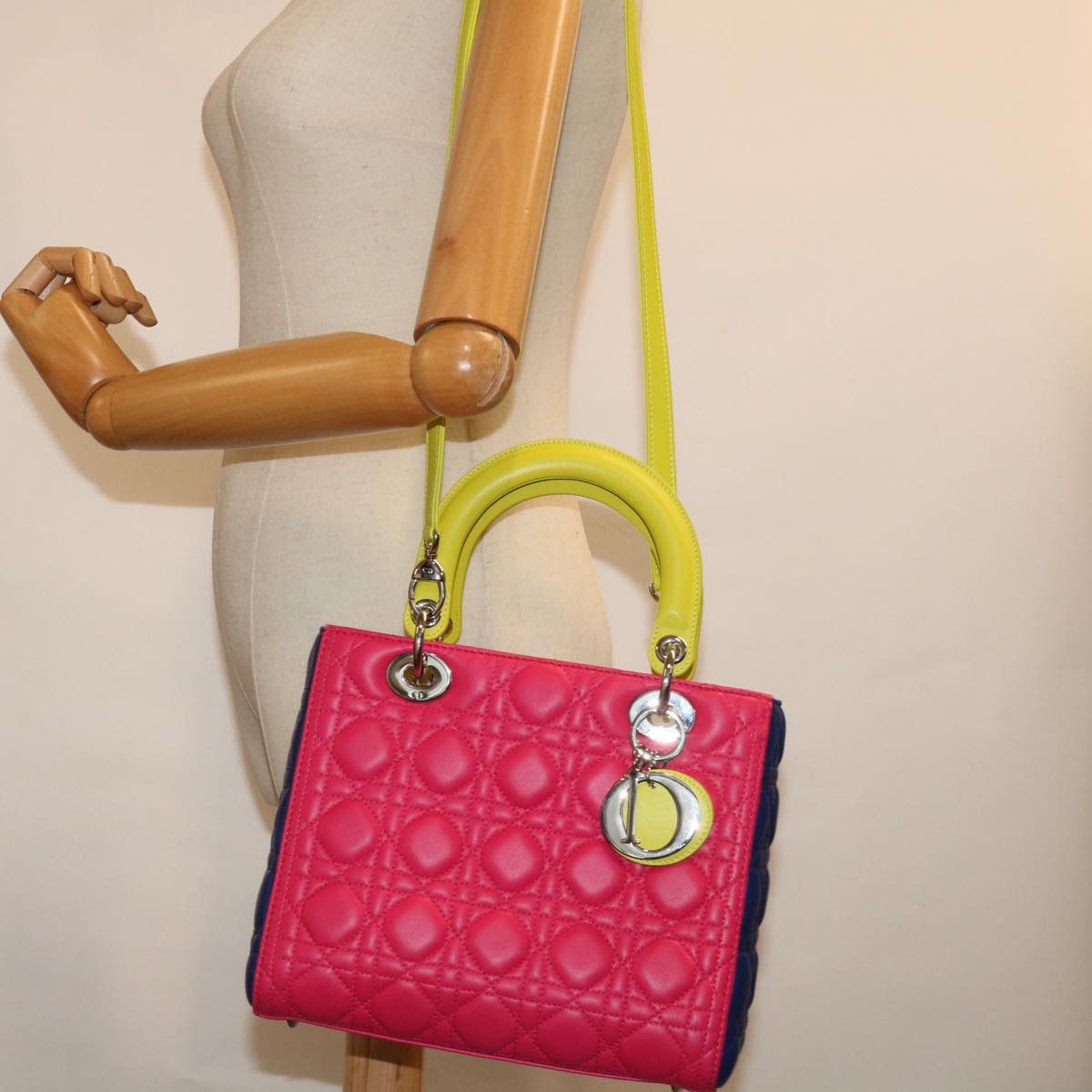 Christian Dior Lady Dior Canage Hand Bag Lamb Skin Blue Pink Auth 70762SV