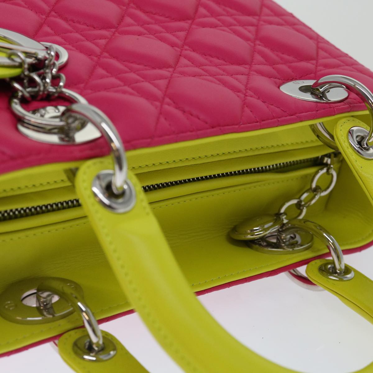 Christian Dior Lady Dior Canage Hand Bag Lamb Skin Blue Pink Auth 70762SV