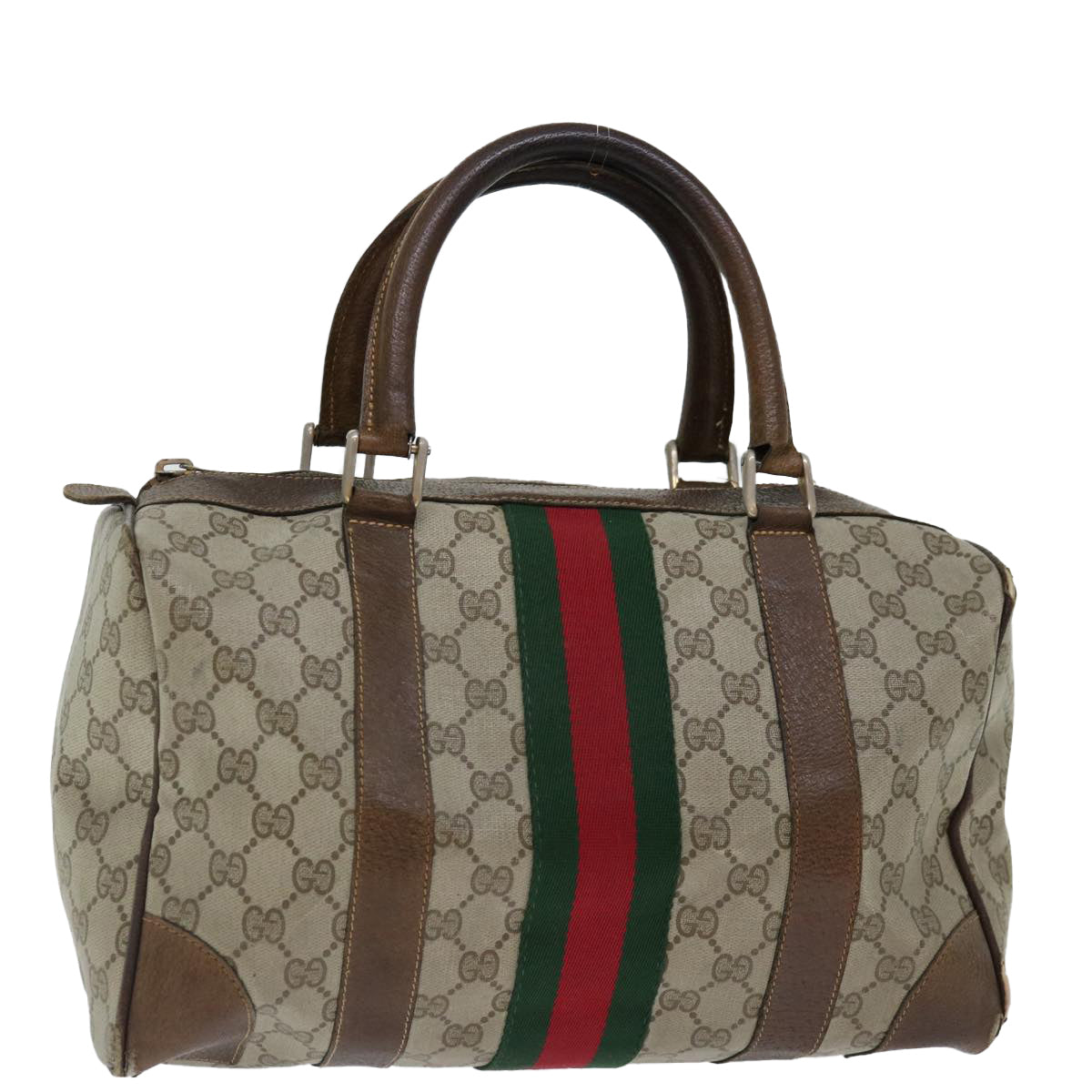 GUCCI GG Supreme Web Sherry Line Hand Bag PVC Beige Red Green Auth 70825