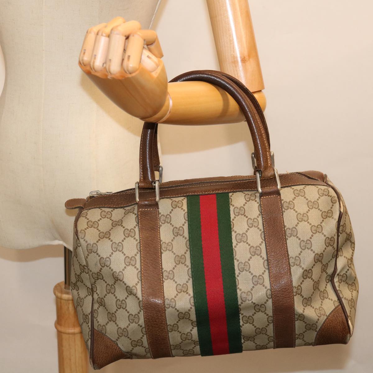 GUCCI GG Supreme Web Sherry Line Hand Bag PVC Beige Red Green Auth 70825