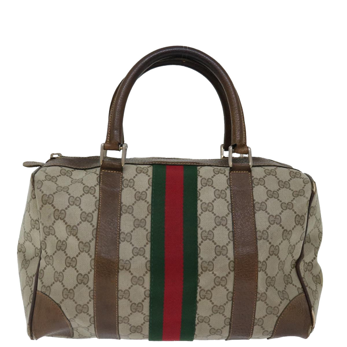 GUCCI GG Supreme Web Sherry Line Hand Bag PVC Beige Red Green Auth 70825