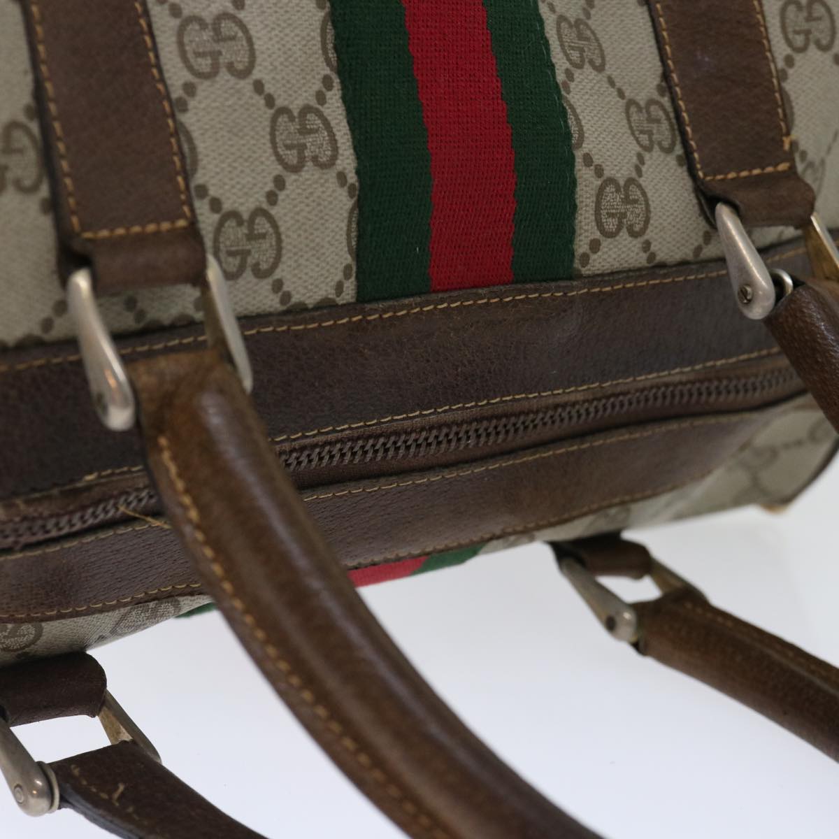 GUCCI GG Supreme Web Sherry Line Hand Bag PVC Beige Red Green Auth 70825