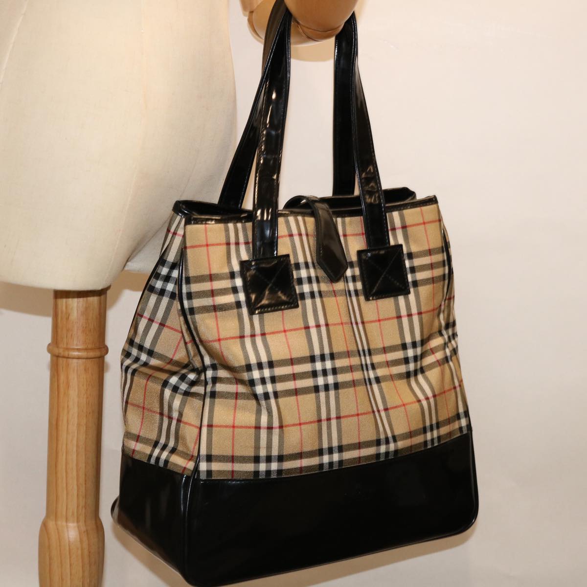 Burberrys Nova Check Blue Label Tote Bag Canvas Beige Black Auth 71014