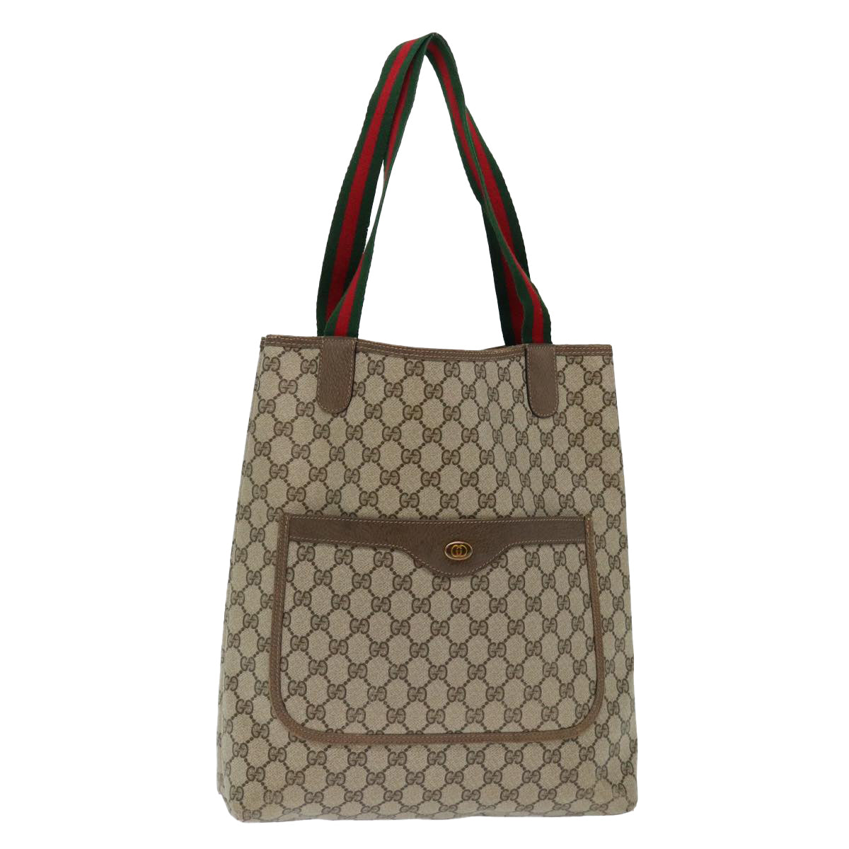 GUCCI GG Canvas Web Sherry Line Tote Bag PVC Beige Green Red Auth 71029