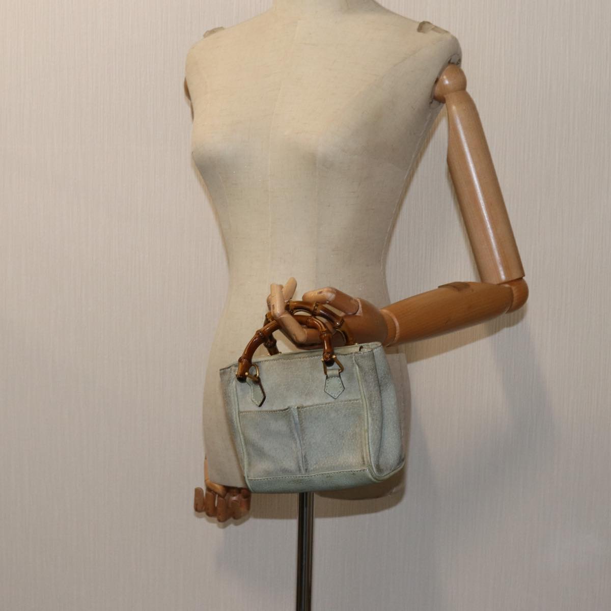 GUCCI Bamboo Hand Bag Suede 2way Light Blue Auth 71086