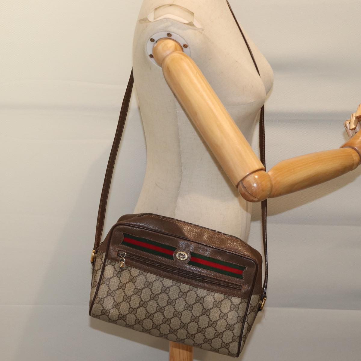 GUCCI GG Canvas Web Sherry Line Shoulder Bag PVC Beige Green Red Auth 71165