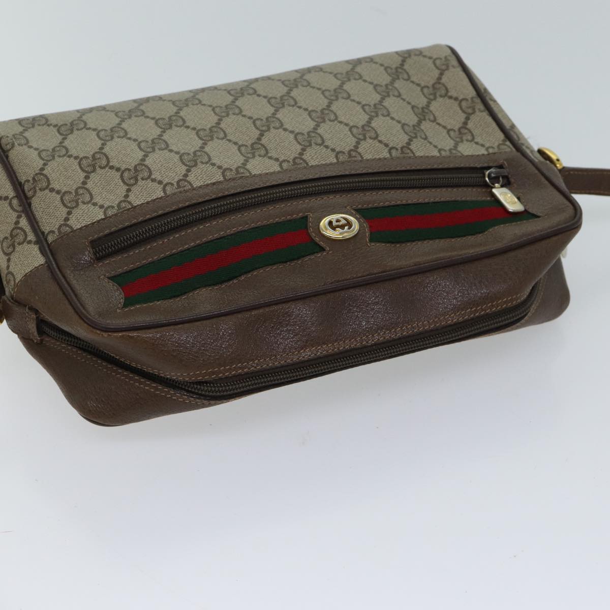 GUCCI GG Canvas Web Sherry Line Shoulder Bag PVC Beige Green Red Auth 71165