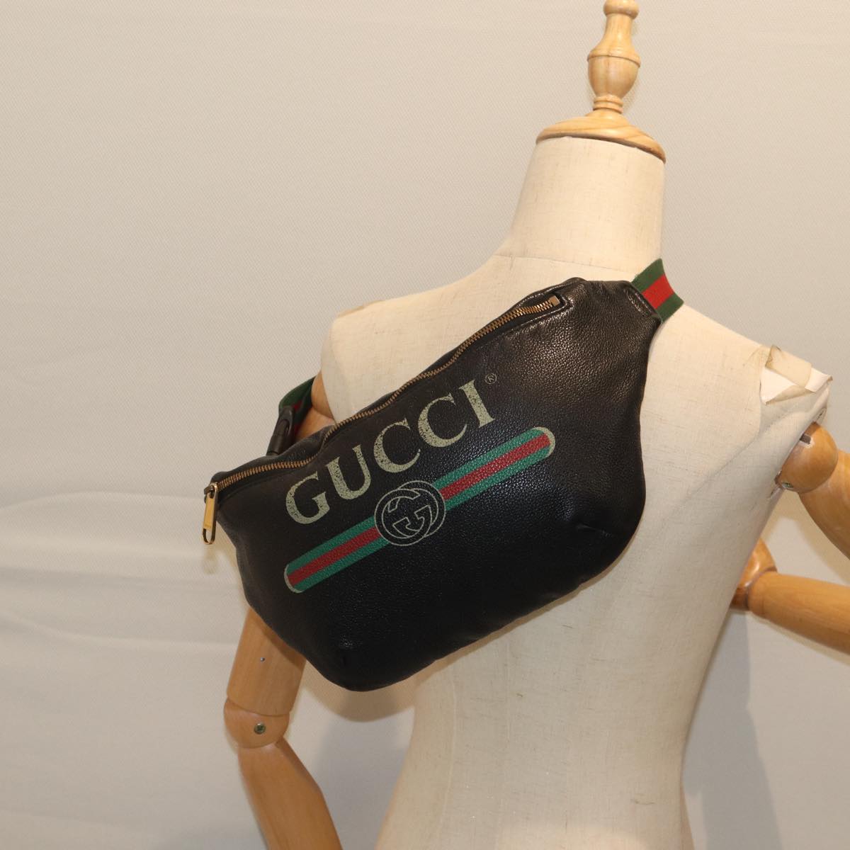 GUCCI Web Sherry Line Body Bag Leather Black Red Green 493869 Auth 71516