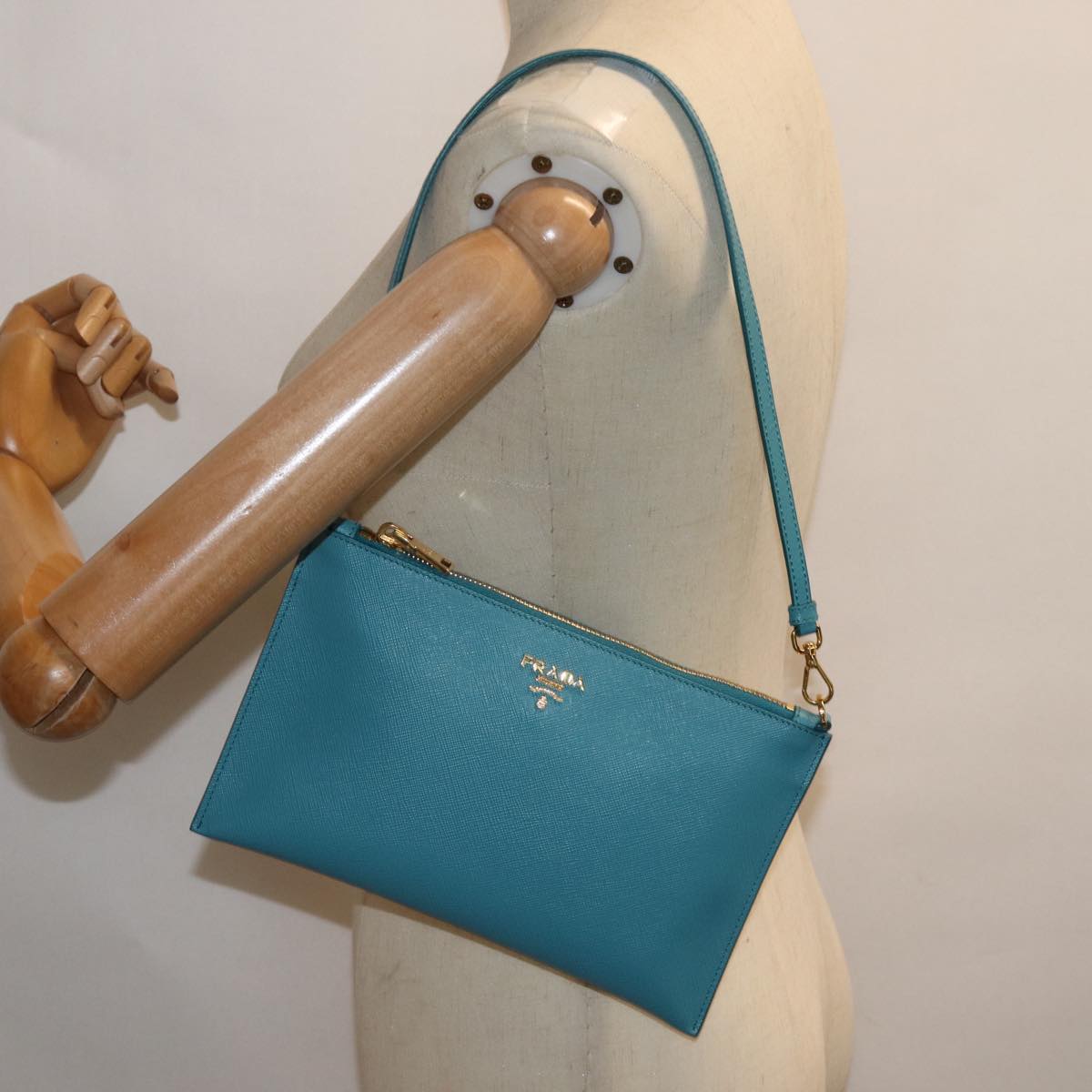 PRADA Accessory Pouch Safiano leather Blue Auth 71575A
