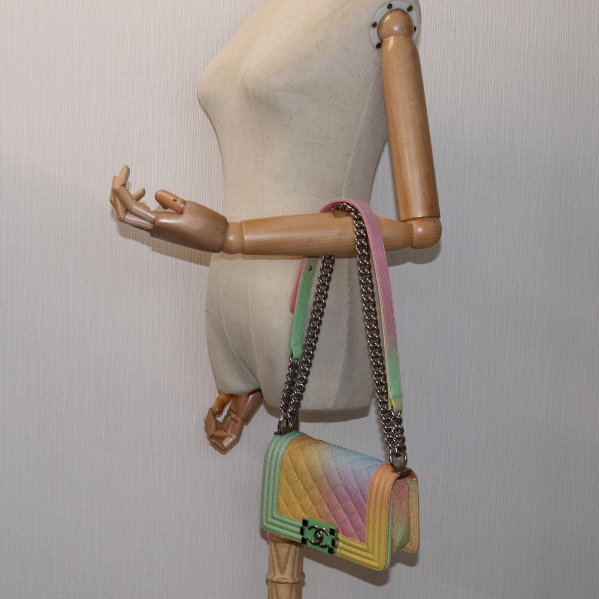 CHANEL Matelasse Boy Chanel Chain Shoulder Bag Leather Rainbow CC Auth 71579SM