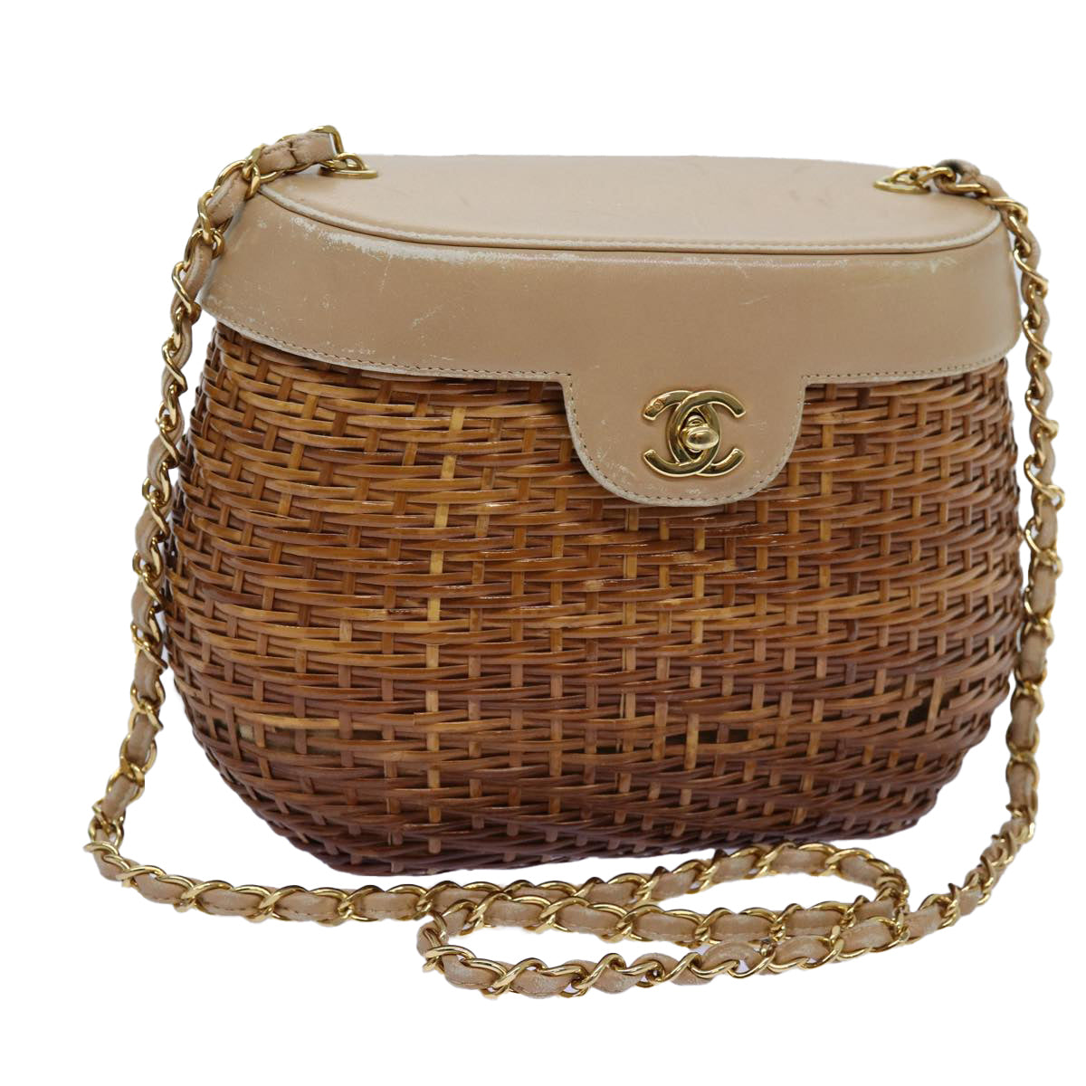 CHANEL Chain Shoulder Bag Wicker Beige CC Auth 71642A