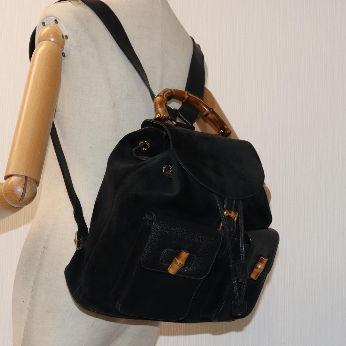 GUCCI Bamboo Backpack Suede Black Auth 71825