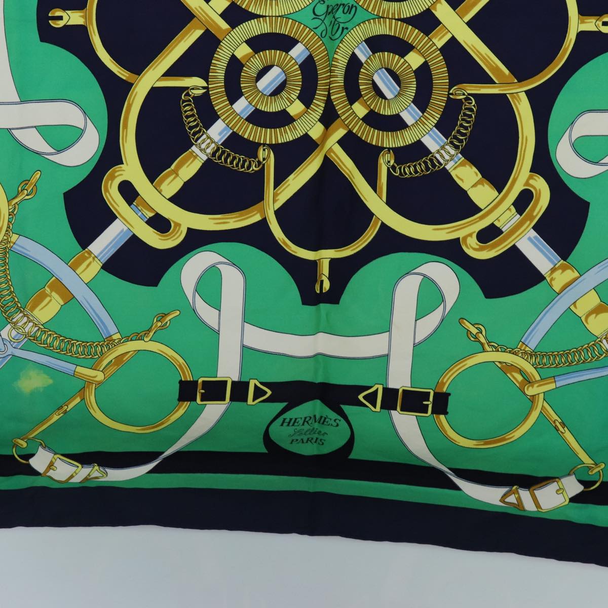 HERMES Carre 90 Eperon d'or Scarf Silk Navy Green Auth 72050