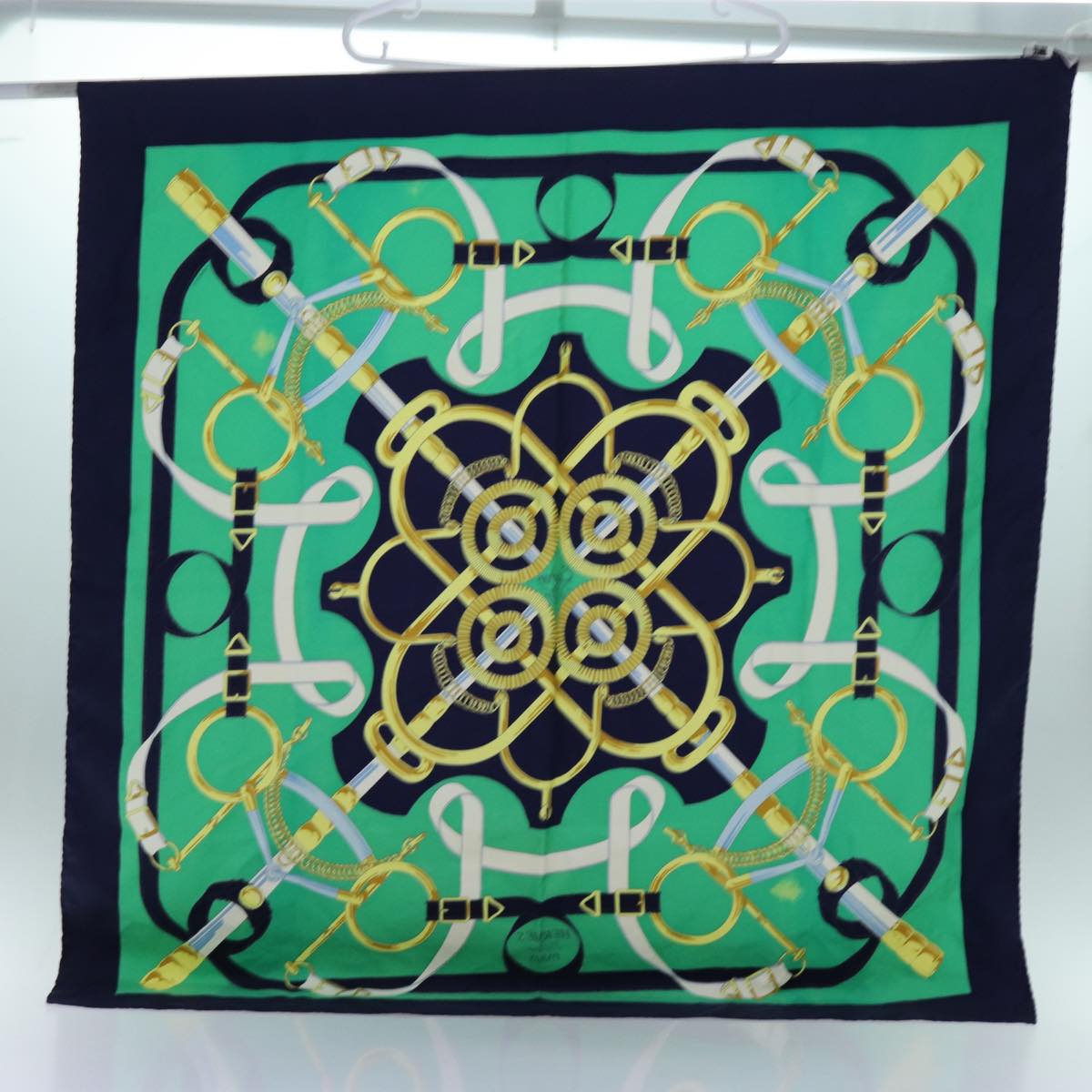 HERMES Carre 90 Eperon d'or Scarf Silk Navy Green Auth 72050