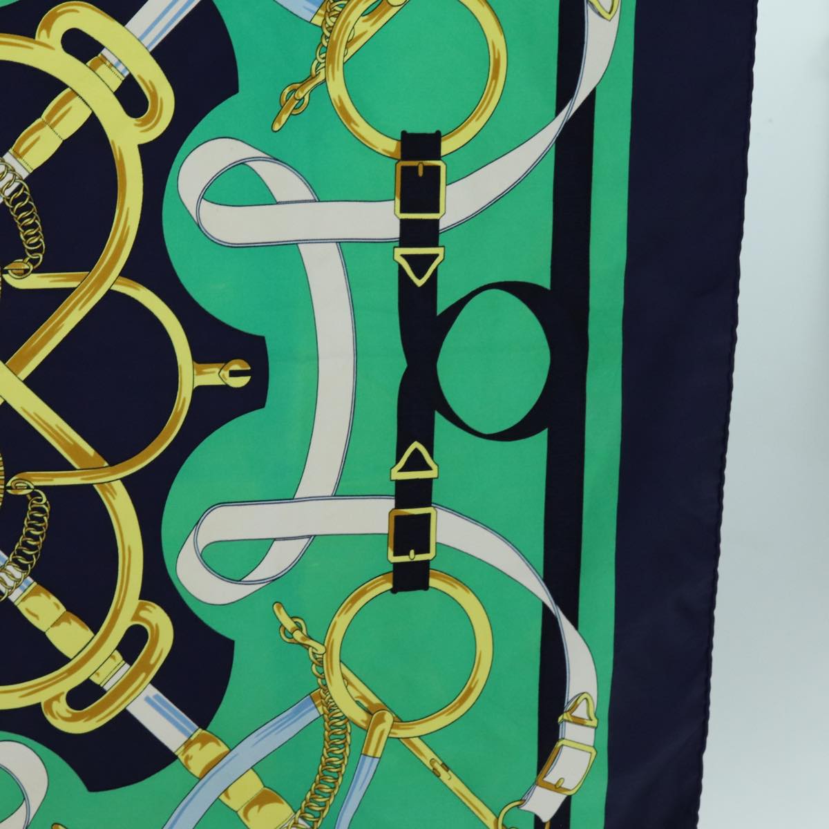 HERMES Carre 90 Eperon d'or Scarf Silk Navy Green Auth 72050