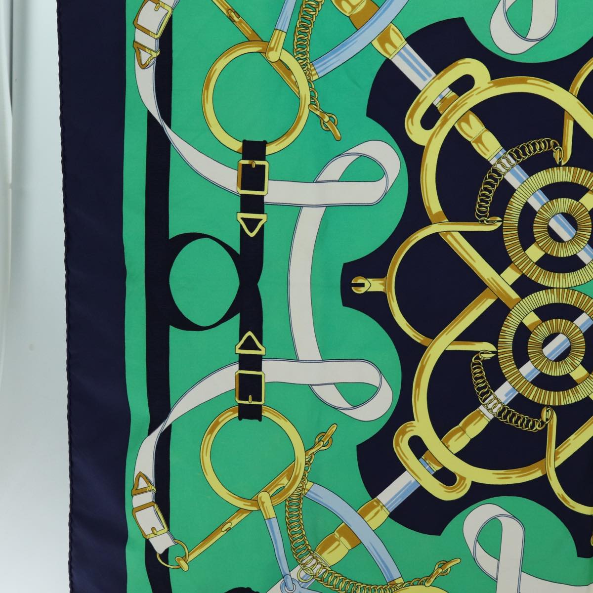 HERMES Carre 90 Eperon d'or Scarf Silk Navy Green Auth 72050