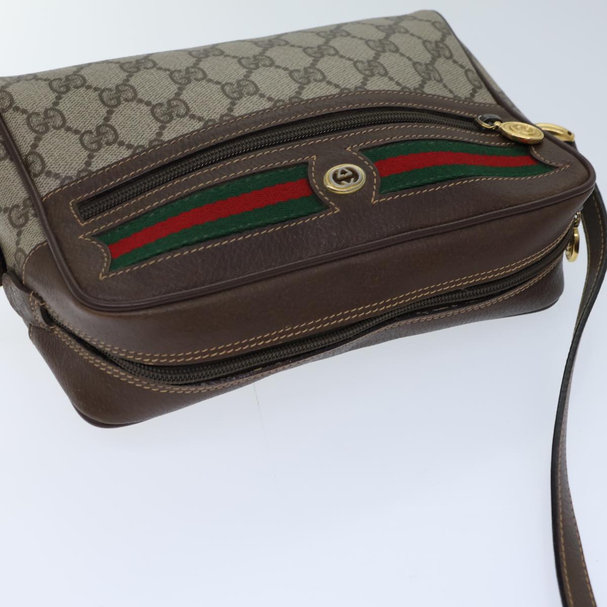 GUCCI GG Canvas Web Sherry Line Shoulder Bag PVC Beige Green Red Auth 72150