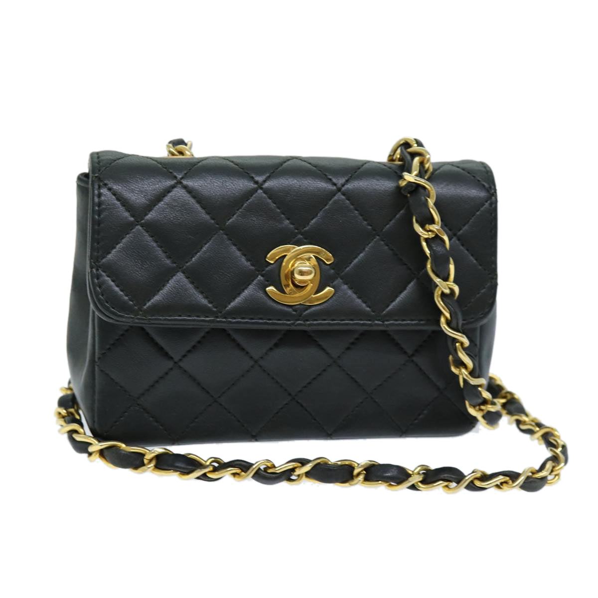 CHANEL Mini Matelasse Turn Lock Chain Bag Lamb Skin Black CC Auth 72435AV