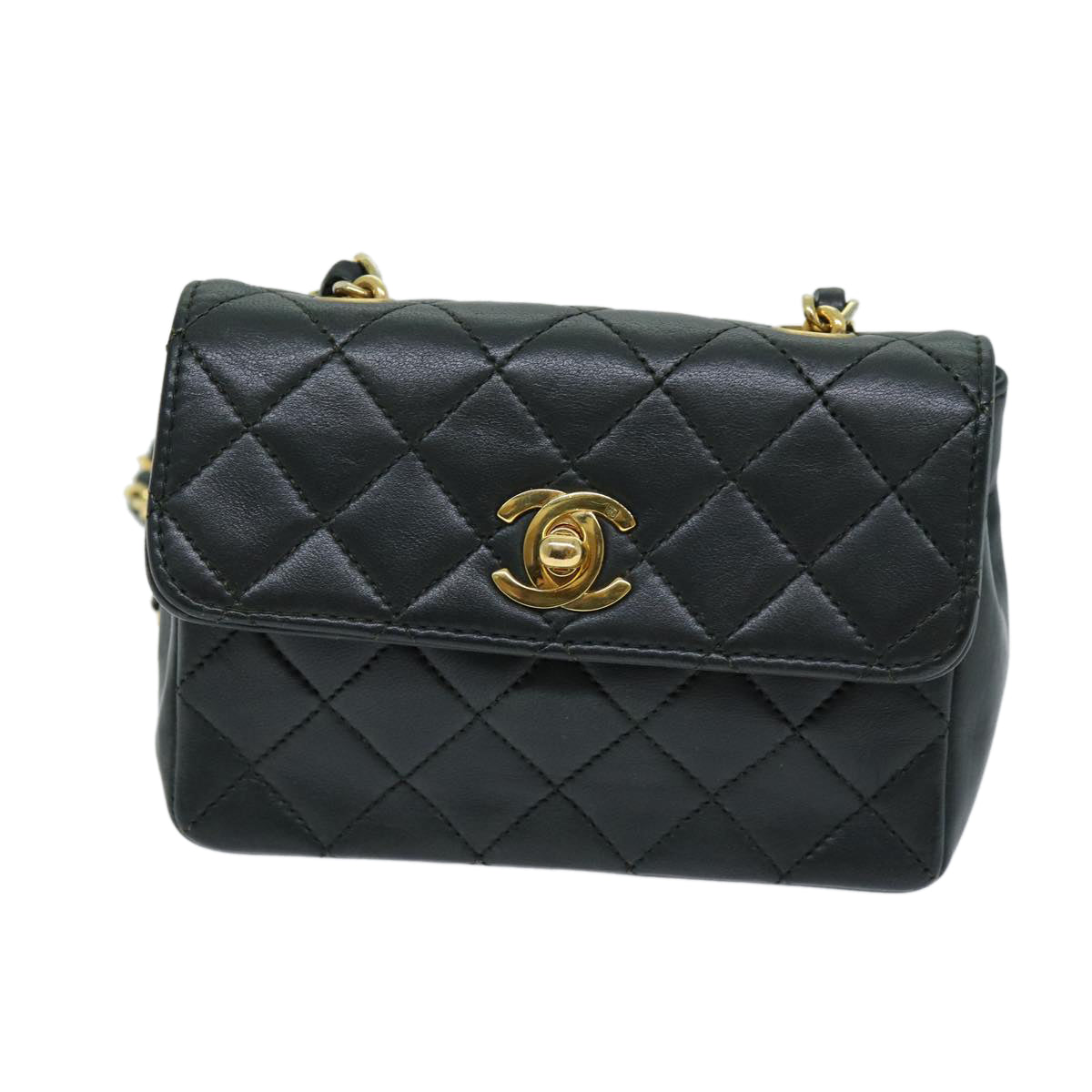 CHANEL Mini Matelasse Turn Lock Chain Bag Lamb Skin Black CC Auth 72435AV