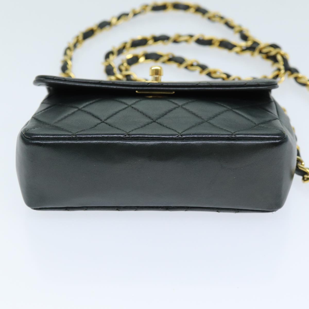 CHANEL Mini Matelasse Turn Lock Chain Bag Lamb Skin Black CC Auth 72435AV