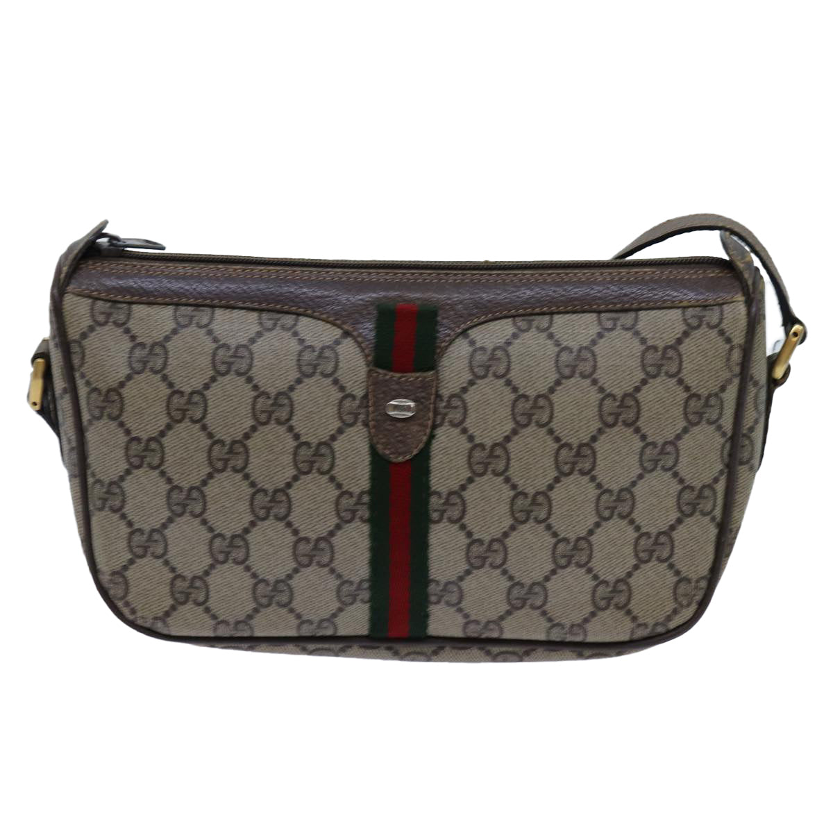 GUCCI GG Canvas Web Sherry Line Shoulder Bag PVC Beige Green Red Auth 72543