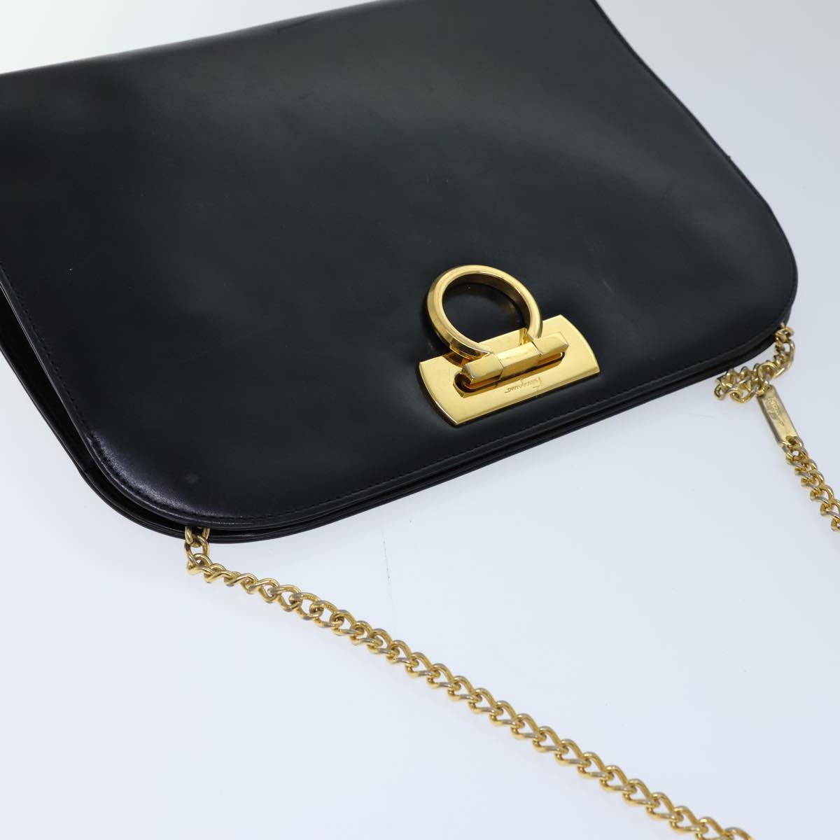 Salvatore Ferragamo Gancini Chain Shoulder Bag Leather Black Auth 72563