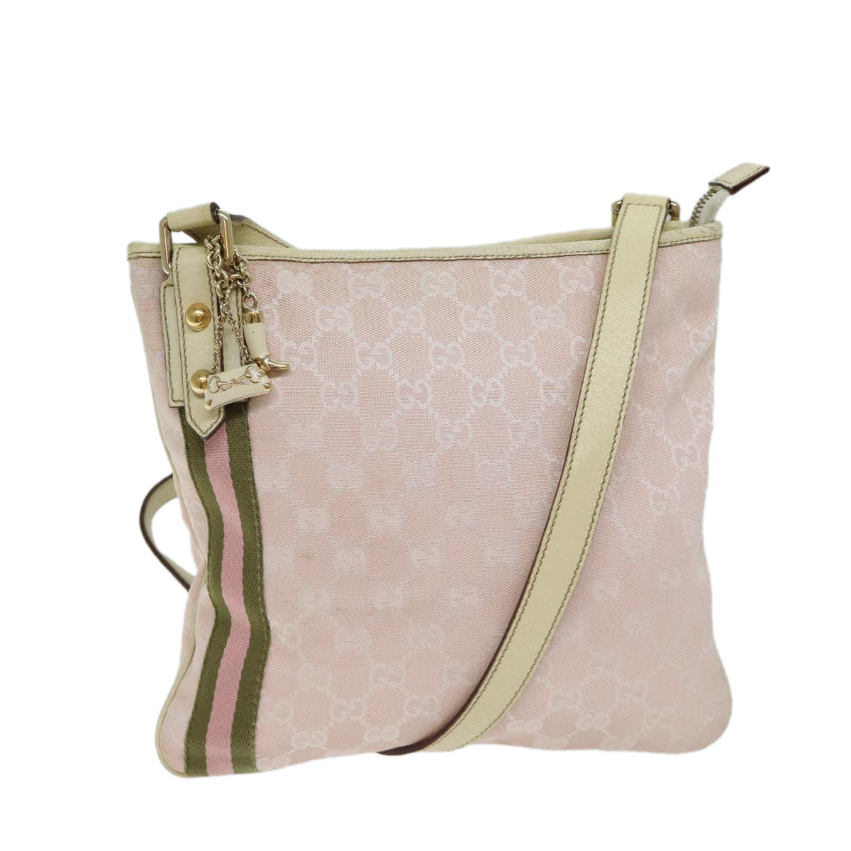 GUCCI GG Canvas Sherry Line Shoulder Bag Pink Khaki 144388 Auth 72593